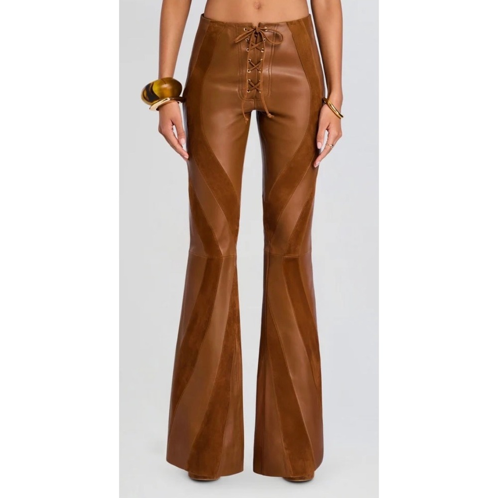 Retrofete NWT Vincenta Cognac Suede Leather Lace-Up Flare Pants M